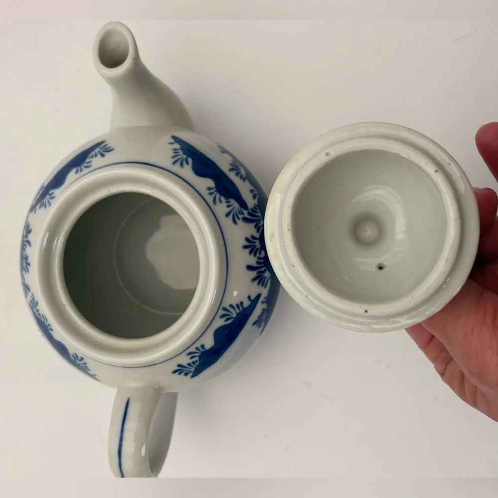 Vintage Blue and White Chinoiserie Ceramic Teapot with Ducks on Pond